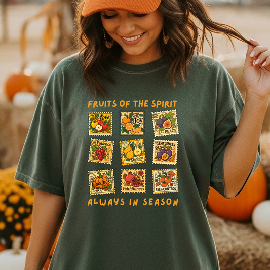 Colorful Fruit of the Spirit Postage Stamp T-Shirt for Harvest Season